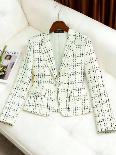 HOMEYEE 西装领长袖印花夹克，复古休闲度假风优雅商务通勤装，春夏款