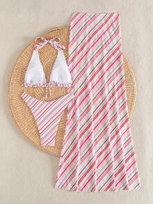 女士三件套彩色条纹比基尼套装 - 三角比基尼上衣、高腰高衩比基尼泳裤和长款薄纱罩裙，性感夏季沙滩装 - 彩色 - 查看 8