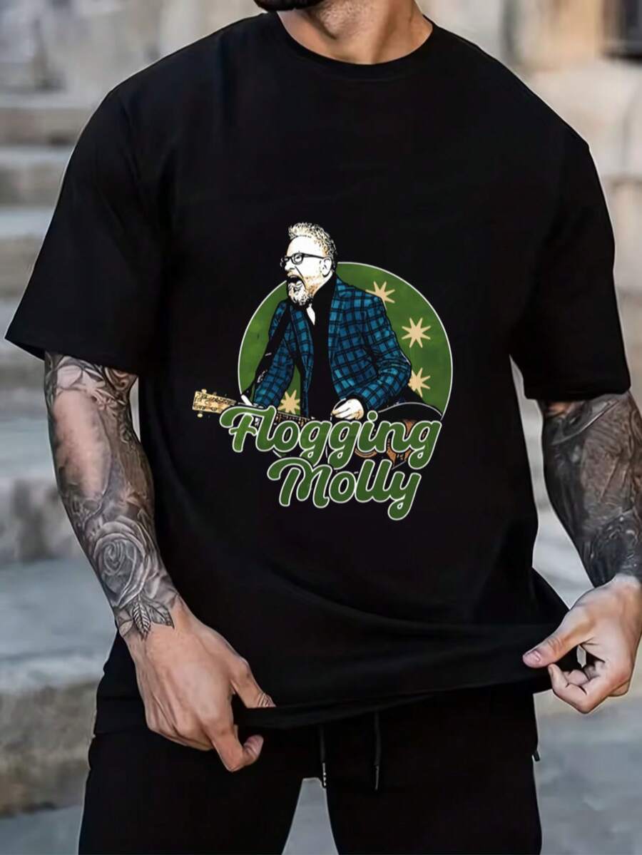Essential White Cotton T-Shirt With Flogging Molly Pattern - 黑色 - 查看 1