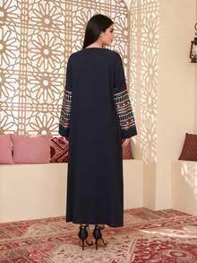 2026 New Style Elegant Embroidered Arabic Women's Dress JALABIA, Square Neck Long Sleeve, Graceful And Dignified - Navy Blue - View 9