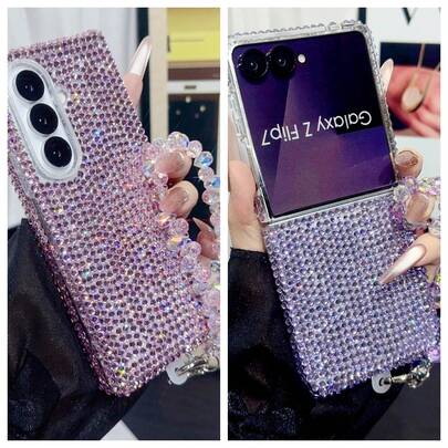 Women's Foldable Phone Case, Solid Color Rhinestone Phone Case With Lanyard, Compatible With Galaxy Z Fold 7, Galaxy Z Fold 6, Galaxy Z Fold 5, Galaxy Z Fold 4 Protective Case, Compatible With Galaxy Z Flip7, Galaxy Z Flip6, Galaxy Z Flip5, Galaxy Z Flip7 FE Smartphone Case, Compatible With Galaxy, Shock-Resistant, Simple And Fashionable Phone Cover