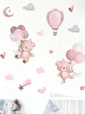 1 pieza Lindo adhesivo de pared de globo de oso de dibujos animados rosa, calcomanía impermeable, calcomanía de PVC, fácil de pegar y quitar, para decoración del hogar, decoración del baño, artículos de la habitación, decoración de la sala de estar, calcomanía personalizada para el baño y la cocina.