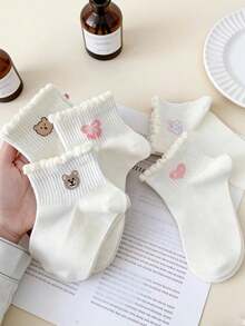 5双春夏卡通熊蕾丝边短袜，可爱碎花印花短袜，荷叶边袜口女款