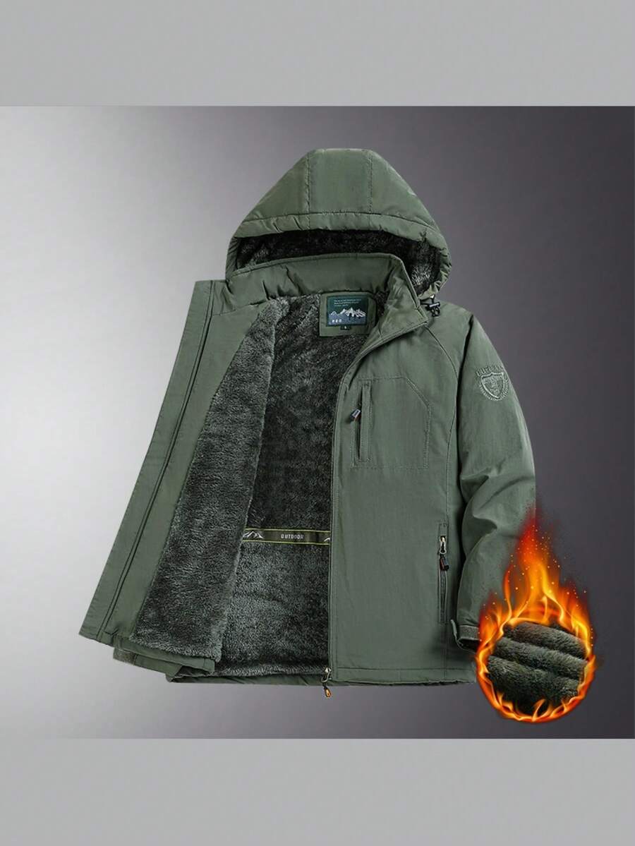 Jackets For Men,Men's Autumn/Winter Outdoor Casual Jacket, Plus Size, Medium-Length, Fleece-Lined, Thickened, Waterproof And Breathable Coat. - 綠色加絨 - 查看 1