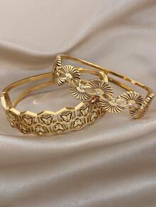 Conjunto de Pulseiras Bangle de Aço Inoxidável Folheado a Ouro 18K com Corte Geométrico, Borboleta e Leque de Zircônia, Estilo Vintage Retrô, para Mulheres, Dia dos Namorados, Festa, Gala, Uso Diário, Carnaval, Ano Novo, Casamento, Praia, Aniversário, Presente Elegante para Mãe, Joias Boho, Presente para Dama de Honra - Multicolorido - Visão 5