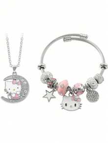 1 Set, Necklace + Bracelet Set, Cute Cartoon Theme Jewelry Set, Suitable For Hello Kitty, Zinc Alloy Bracelet Inlaid With Shiny Crystals, Fashion Accessories, Includes Necklace And Bracelet, Suitable For Daily Wear And Gifts, Perfect For Valentine's Day - Multicolor - View 1