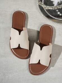 1 Pair Women's Snake Skin Metallic Flat Sandals, Simple Strap Design, Suitable For Summer, Beach, Vacation, And Daily Wear - Beige - View 5