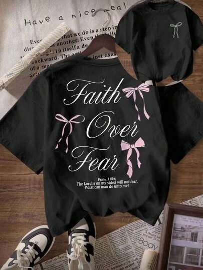 粉色蝴蝶结标语印花圆领短袖女式T恤