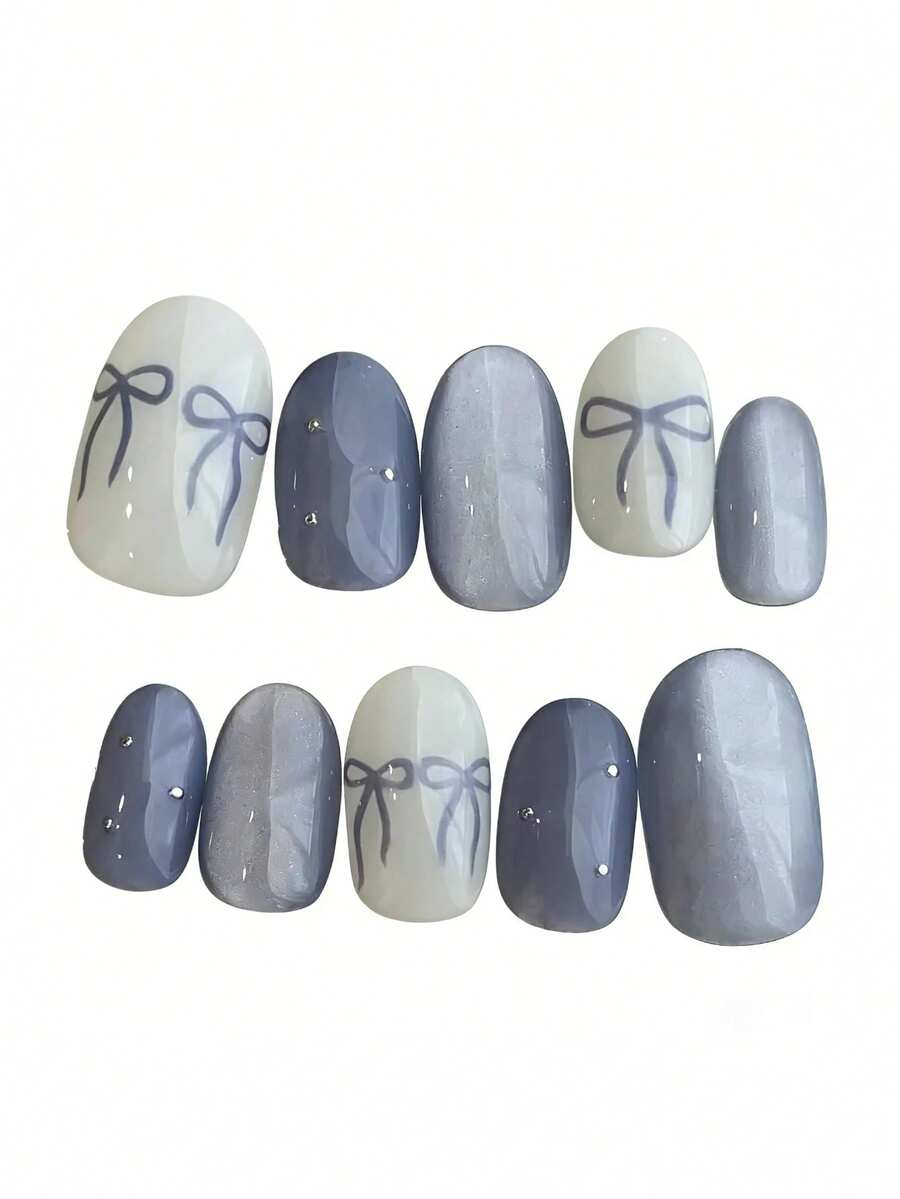 10pcs Pure Handamde Press On Nails Short Nails Oval Nails Blue Nails Minimalist Sweet Style Blue And White Cat-Eye Hand-Painted Bowknot Silver Bead Embellished Cute Gentle Daily Press-On Nails For Women And Girl,Spring Summer Fall Winter Festivals Party And Dailys Life Use