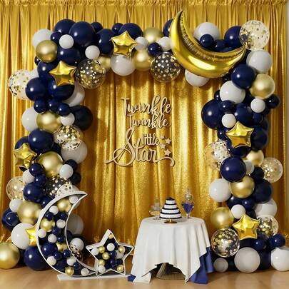 113pcs [Golden Moon] Balloon Arch Kit, Navy Blue & Gold Moon Shiny Star Foil Balloon Garland Set For Shower Decor, Birthday Party, Ramadan Decoration