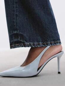 Women's Fashion High Heel Mules, 2026 Spring/Summer New Pointed Toe Slip-On Stilettos, Light Blue Glossy Leather Heels - Baby Blue - View 1