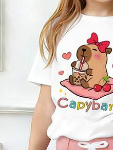 Tween Girls' Casual Cartoon Print Short Sleeve T-Shirt And Flare Pants Set, Summer - White - View 3