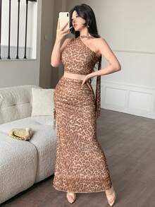 abyoxi 女士棕色豹纹网纱拼接吊带露脐上衣，配荷叶边腰带，搭配高开衩褶裥长裙两件套，性感优雅，狂野复古，适合约会、派对、休闲度假、晚宴等场合，春夏露脐上衣搭配长裙套装 - 棕色 - 查看 7