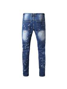 Pantalones largos de marca con diseño rasgado y agujeros, sueltos y de pierna recta - Azul - Ver 2