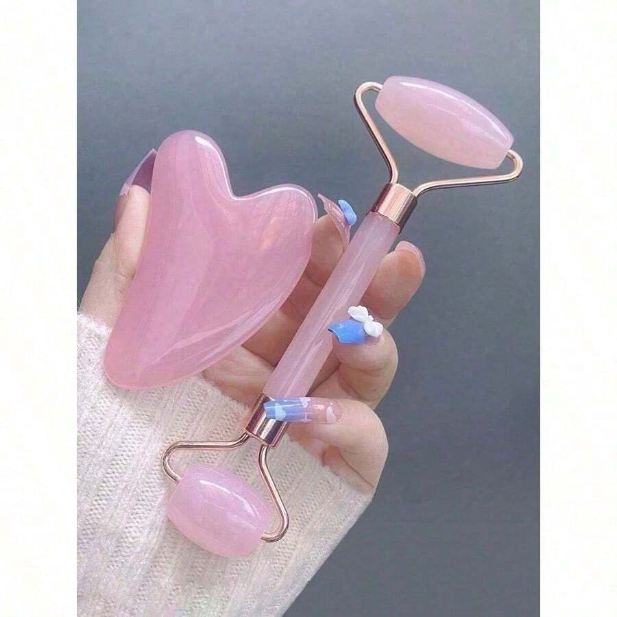 1 pieza Juego de herramientas de masaje facial, que incluye rodillo, tabla de masaje, tabla de raspado corporal Gua, opciones de color rosa y blanco - Juego de 2 piezas de colores aleatorios - Ver 1