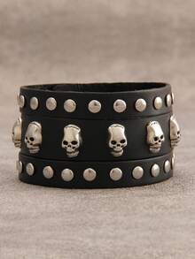 1pc Fashion Skull Rivet Unisex Wide Leather Bracelet, Punk Style Couple Bangle With Hidden Clasp, Suitable For Carnival Party, Music Festival Gift