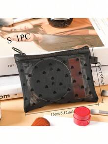 Heart Print Pattern Mesh Cosmetic Bag, Portable Makeup Bag Large Capacity Makeup Organizer Bag, Coin Purse Toiletry Bag Travel Portable Storage Bag, Small Hollow Mesh Cosmetic Bag Women - Black - View 9