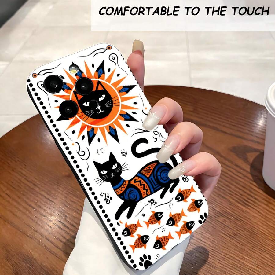 1PC Phone Case , Black Cat Sun Fish Pattern , Stylish Phone Case, Phone Decoration, All-around Lens Protection, Creative Small Gift, Funny Gift for Boys and Girls - ブラック - チェックする 1