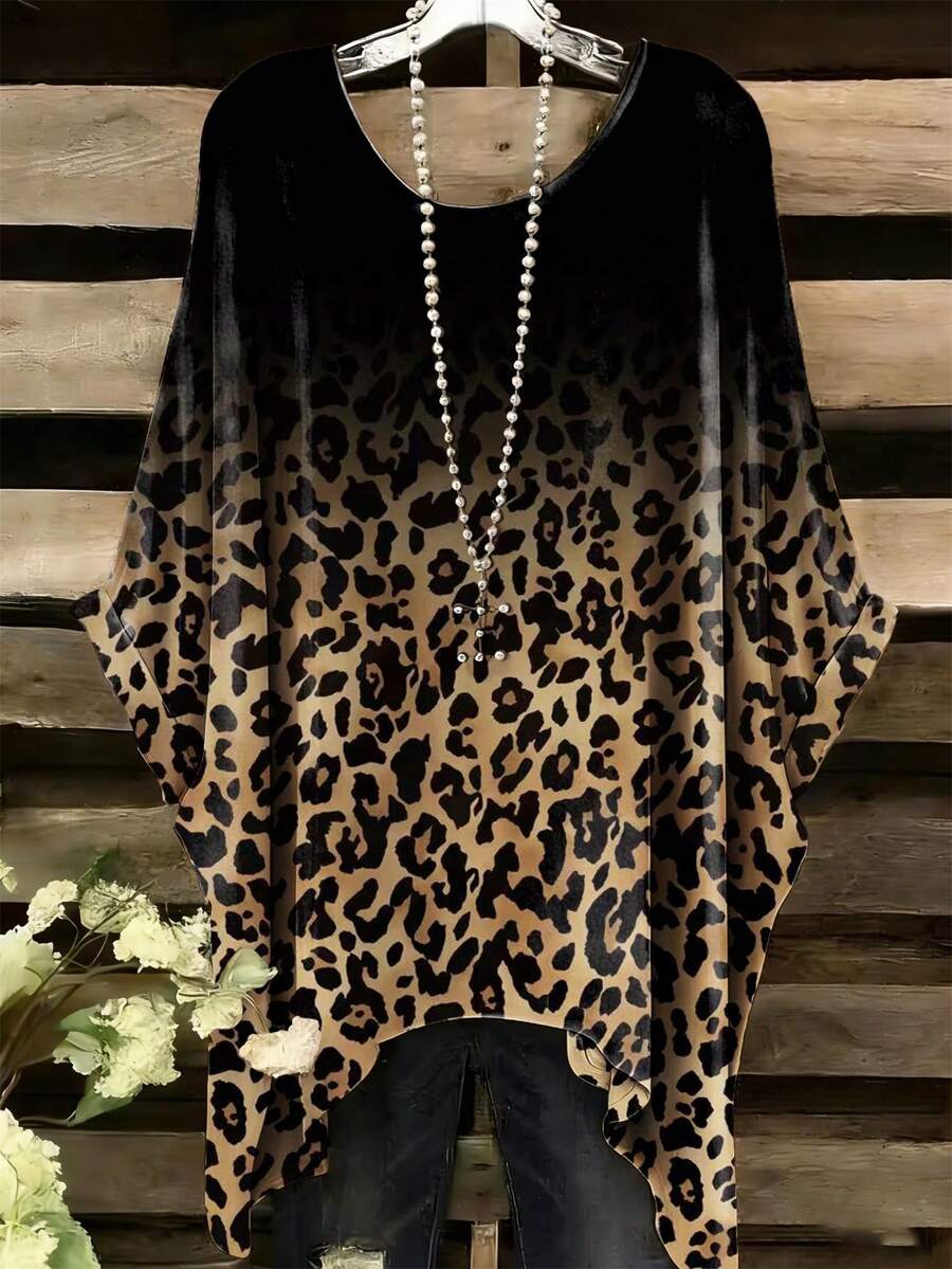 Leopard Gradient Gold & Black Fashionable Loose Fit Crew Neck T-Shirt, Spring & Summer - Multicolor - View 1