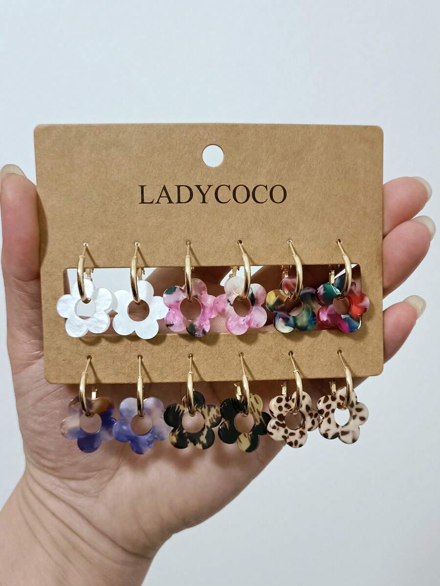 6对时尚夏季亚克力吊坠耳环，适合女士佩戴，采用低过敏性316不锈钢耳钩，超可爱旋转设计