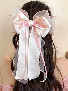 1pc Beige Mesh Hair Clip With Heart Print, Large Bowknot And Spring Clip, Elegant And Gentle Hair Accessory Hair Bow For Spring Valentine's Day, School Stuff, College, Bows, Cute, Hair Accerssories - Nhiều màu-4 - Xem 7