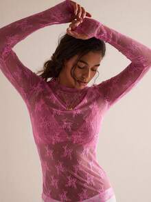 Women's Sheer Lace Mesh Top, Fashionable Slim Fit Long Sleeve Faux Collar Floral Blouse, Casual Outing T-Shirt - 玫瑰 - 查看 1