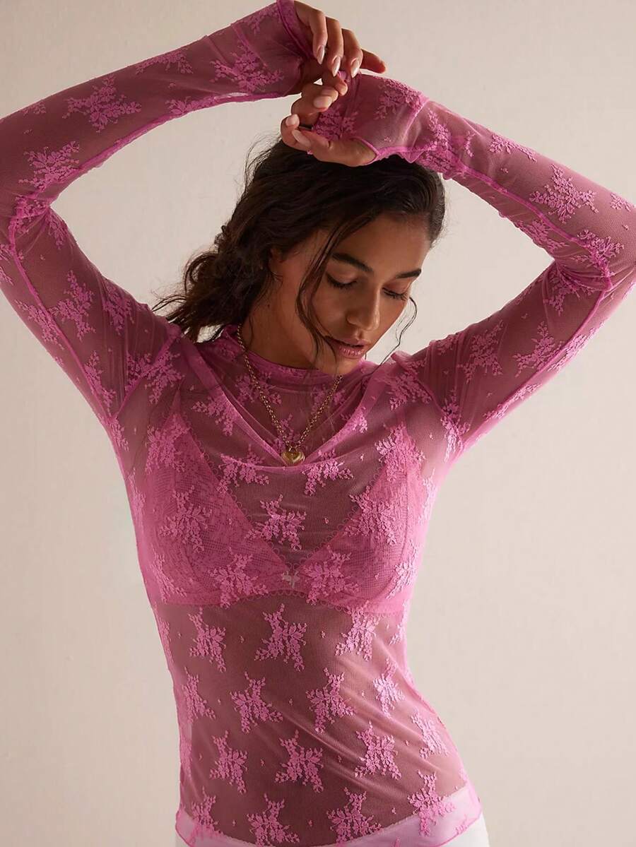 Women's Sheer Lace Mesh Top, Fashionable Slim Fit Long Sleeve Faux Collar Floral Blouse, Casual Outing T-Shirt - 玫瑰 - 查看 1