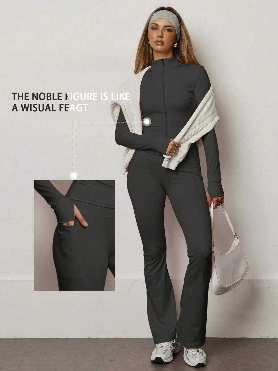 PinkTip Bộ đồ thể thao nữ Pink Tip màu trơn không đường may, áo khoác và quần legging co giãn, nâng đỡ dáng người, quần mềm mại, thích hợp mặc hàng ngày tập thể dục, chạy bộ, yoga, pilates, bộ áo khoác và quần mùa xuân