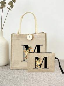 Un ensemble de sacs fourre-tout en lin avec imprimé floral et lettres de l'alphabet, cadeau personnalisé pour la fête des mères. Comprend 1 grand sac fourre-tout et 1 petit pochon. Sac fourre-tout en lin jaune avec anses noires et fermeture à pression. Convient pour les mariages, anniversaires, plages, vacances - cadeau parfait pour les femmes, mères, enseignantes, amies, demoiselles d'honneur, étudiantes, rentrée scolaire - Kaki - Voir 3