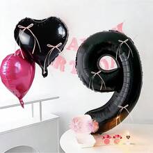 8件組黑色與粉色生日氣球套組，包含32英吋黑色數字氣球(0-9)、心形氣球、5件緞帶蝴蝶結，適用於生日、情人節、婚禮、拍照裝飾、公主派對、新娘婚前派對 - 彩色 - 查看 4