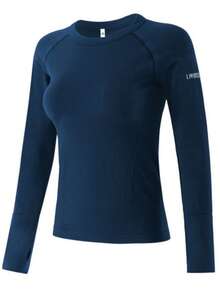 1件装 女士健身速干长袖T恤 圆领修身运动服 舒适透气瑜伽衫 - 藏蓝色 - 查看 13