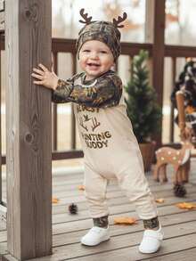 Conjunto para bebé niño, nuevo mono de manga larga con estampado de hojas y ramas, ropa de primavera para recién nacido, sombrero - Verde militar - Ver 3