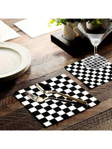25 piezas/50 piezas/75 piezas Servilletas de papel desechables con tema de carreras a cuadros blanco y negro, adecuadas para: fiesta de té, decoración de fiesta de cumpleaños, suministros para fiestas, decoración festiva - Blanco y Negro - Ver 2