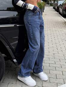 女士复古宽松高腰直筒牛仔裤