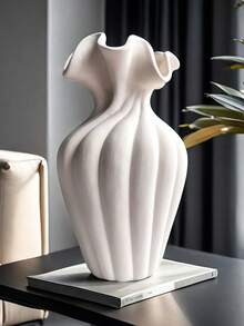 1pc White Vase, Sculptural Grooved Design, Suitable For Living Room And Bookshelf Decor, Available In M/L/XL Sizes - Multicolor - View 7