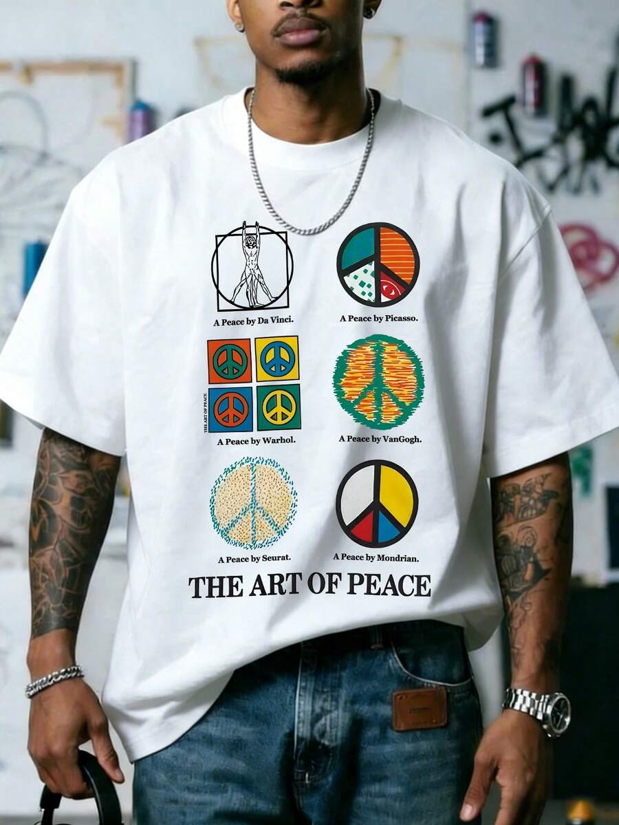 Camiseta de manga corta de cuello redondo con estampado gráfico y de texto, de corte holgado para hombre | Diseño elegante | Esencial de verano | Fácil de combinar - Blanco - Ver 1