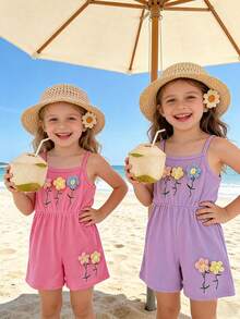 2pcs Girls' Summer Floral Decor Ribbed Knit Jumpsuit, Children Pink & Purple Beach Holiday Loose Romper - Multicolor - View 3