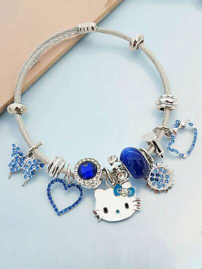 1pc  Authorized  Pendant Bracelet, Cute Cartoon Zinc Alloy Beaded Jewelry, Pink Cat Charm Bracelet, Suitable For Daily Wear And Party Gift