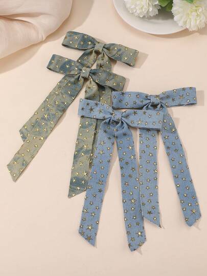 2pcs/4pcs Women's Fashion Elegant Blue Star Print Bow Hair Clips, Suitable For Daily, Festival, Party Matching