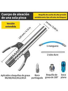 HALMAN Juego De Cabezales De Pistola De Engrase Extendidos,(1 * pistola engrasadora con boquilla extendida,1 * manguera flexible,1 * tubo duro,3 * boquillas intercambiables (boca plana, boca puntiaguda, 180°), Acoplador de alta presión para pistola engrasadora manual, boquilla de bomba de aceite/grasa con doble mango, accesorio automotriz de reparación de boquilla de pistola engrasadora,pistola engrasadora con boquilla extendida,Ideal para lubricar engranajes, rodamientos, bisagras y otros componentes mecánicos en vehículos, maquinaria agrícola, construcción, excavadoras, talleres y barcos. Compatible con pistolas engrasadoras manuales, neumáticas y eléctricas - A - Ver 2