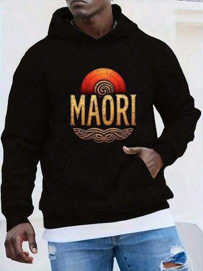 Sudadera con capucha para hombres MAORI con motivo en espiral - Sudadera verde casual, de manga larga, tela no elástica, ajuste holgado, diseño de patrón geométrico, ropa de comodidad diaria, sudadera con estampado geométrico, mezcla de poliéster y spandex