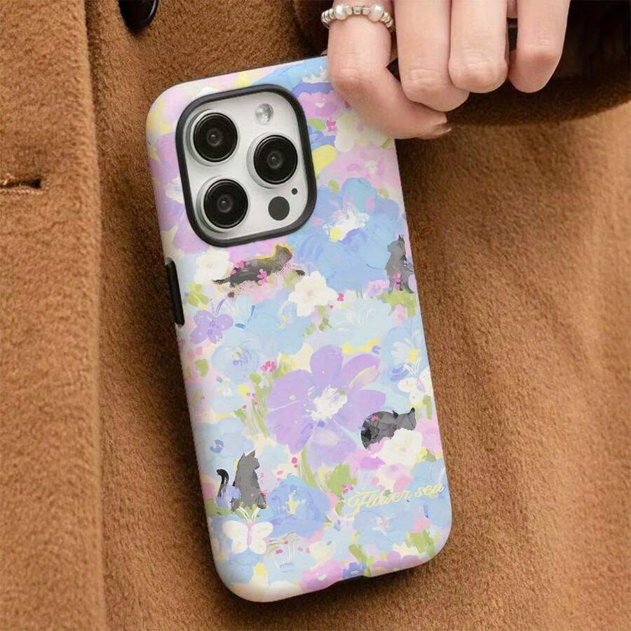 Flores Coloridas y Gatos Esta funda de teléfono desmontable 2 en 1, especialmente diseñada para la serie 16/15/14/13/12/11 Pro Max Plus, presenta un material de carcasa dura mate con detalles de moda irresistiblemente lindos.Una opción de regalo perfecta que añade diversión. - Colores mixtos - Ver 1