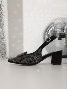 Spring New Fashion Women's Pointed Toe Wedding High Heel Shoes With Rhinestone Buckle Strap, Chunky Heel, Casual & Comfortable - Black - View 5
