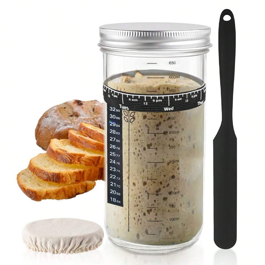 24oz Large Capacity Sourdough Fermentation Container Set, With Aluminum Lid, Date Label, Silicone Scraper, Cloth Cover And Thermometer Strip, Sourdough Bread Baking Container, Fermentation Tools, Reusable Sourdough Bread Baking Supplies