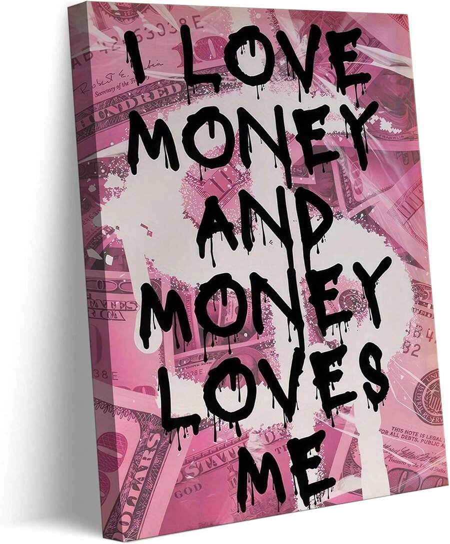 Arte de pared en lienzo con cita de dinero, rosa, funky, preppy, decoración de pared motivacional, imagen de Amo el dinero y el dinero me, póster impreso para dormitorio, oficina, sala de estar, decoración del hogar, listo para colgar - transparente - Ver 1