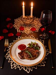 15-Inch Gold Flower Placemat, PVC Material, 3.9-Inch Hollow Flower Coaster, Washable, Easy To Clean, Wipe-Able, Non-Slip, Heat-Resistant, Suitable For Room Decor, Dining Table Decor, Home Decor, Ideal For Holidays, Parties, Birthdays, Weddings, Valentine's Day Decorations - Multicolor - View 5