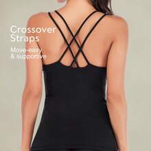 1pc Women'S Yoga Vest | Built-In Bra Workout Top, Yoga Shirt, Sports Sling Vest Longline Sports Bra Vest, Casual Style, Solid Color With Cross Details - 品紅 - 查看 2
