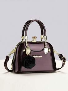 2026 New Black Patent Leather Handbag, Gold Metal Rose Decor, Korean Style Versatile Shoulder/Crossbody Bag, Suitable For Daily, Shopping, Dating, Festivals, Formal Events - Black - View 5