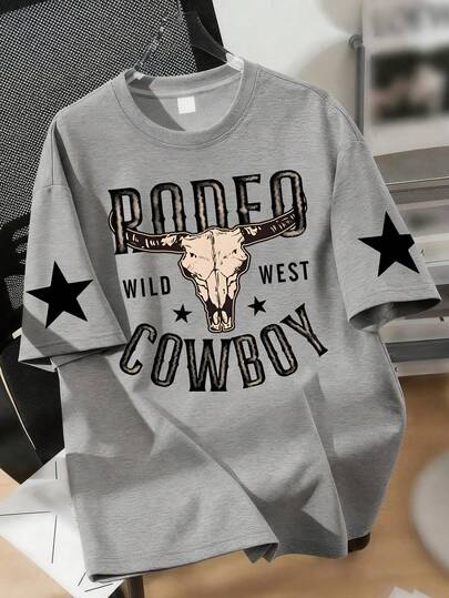 1 Pieza Camiseta de Vaquero Occidental "RODEO" para Adolescentes Varones, Elemento de Calavera de Toro Genial, Versión Holgada de Diseño Retro, Tela Suave y Cómoda, Adecuada para Salidas Casuales Escolares Diarias de Primavera y Verano, Estilo de Uso Personalizado Popular