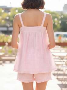 Women's Plaid Shorts Outfit Loose Fit Stylish Bows Ruffled Trim Spaghetti Strap Tops And Shorts 2 Pcs Set - Pink - View 4